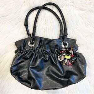 Vintage Y2K Black Faux Leather Tote Bag with Floral Accent